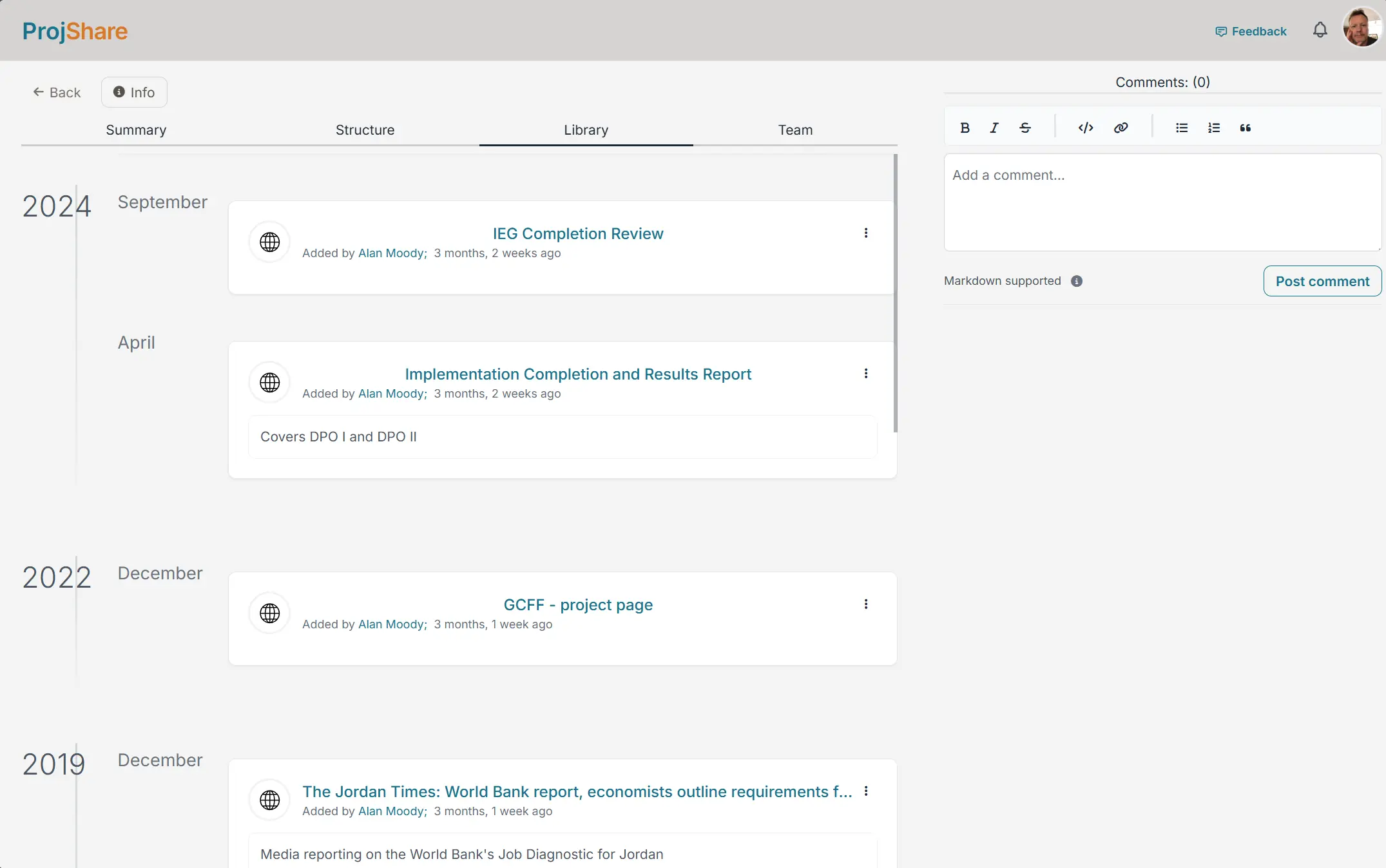 ProjShare project detail page showing items and perspectives